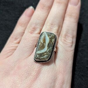 Silver Plated Brown And White Picasso Jasper Statement Ring - Size 8.5